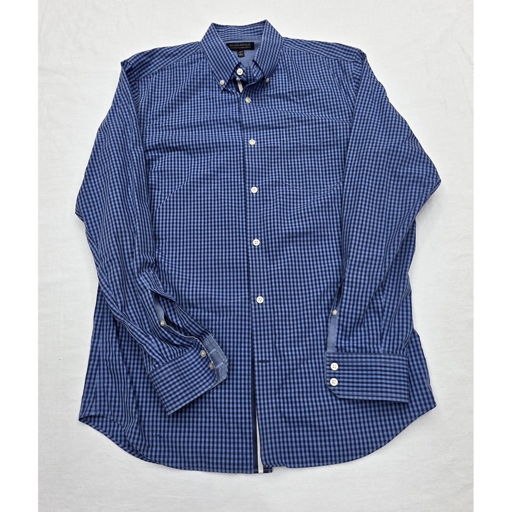 Banana Republic Non-iron Tailored Slim Fit Blue Check Plaid Shirt Men's Size L